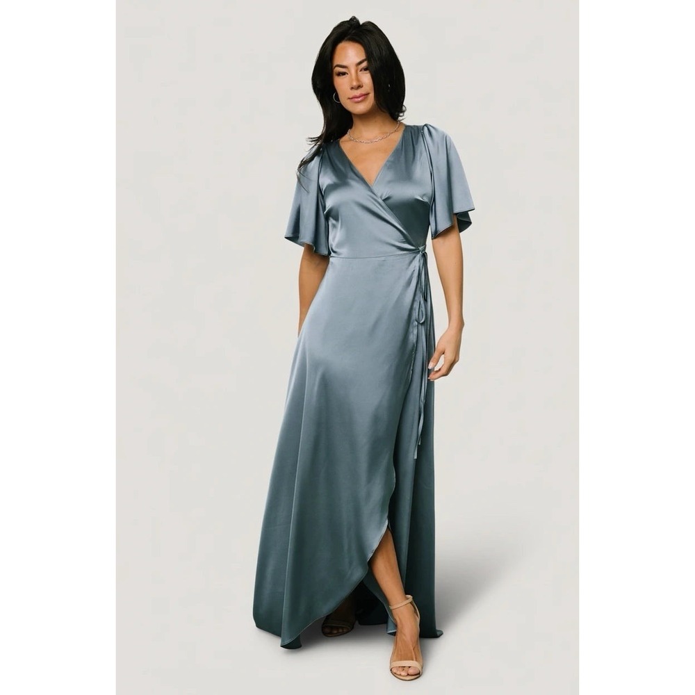 Baltic Born NWT Vara Satin Wrap Dress Womens Large Dusty Blue Maxi Party Wedding